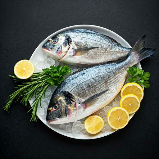 Overhead shot of fresh high-quality fish on ice